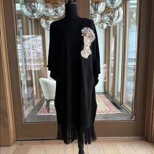 Laines London Couture Black Fringe Greek God Embellished Kaftan OS